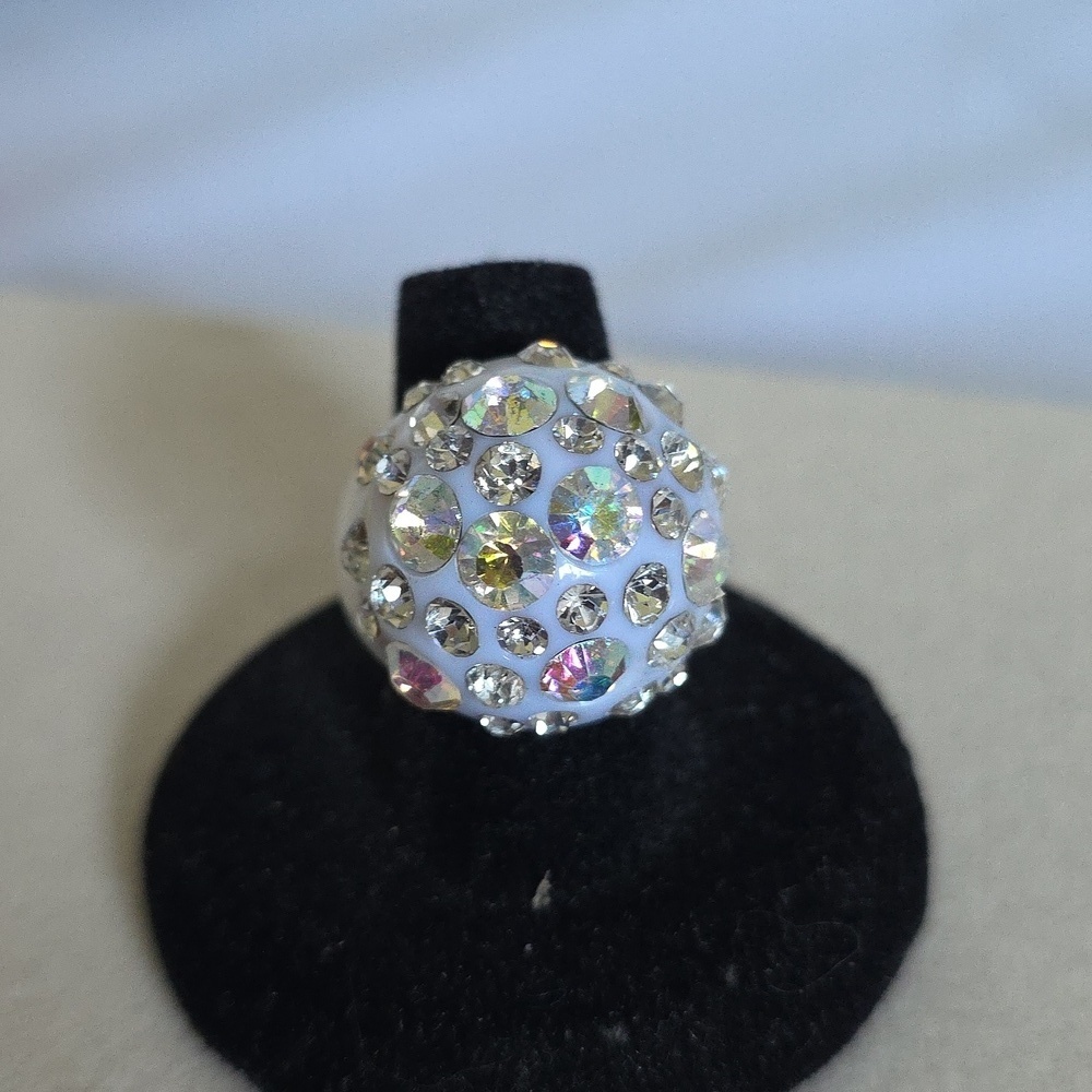 White Acrylic Dome Ring With Crystal Rhinestones